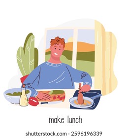 Happy man cooking lunch in kitchen cartoon scene. Funny male character holding spatula to stir food in frying pan and cook. Housework, cartoon making homemade food, cooking action vector illustration