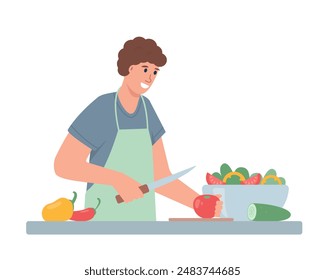Happy man cooking salad. Healthy vegetarian food concept. Male Character and Vegetarian Meal. Vector illustration isolated on white background.