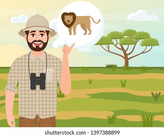 Happy man in cork hat, animal hunter thinks about African lion, safari landscape, umbrella acacia, African countryside, vector illustration