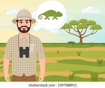 Happy man in cork hat, animal hunter thinks about chameleon, safari landscape, umbrella acacia, African countryside, vector illustration