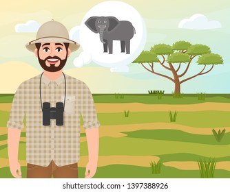 Happy man in a cork hat, animal hunter thinks of an African elephant, safari landscape, umbrella acacia, African countryside, vector illustration