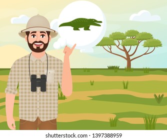 Happy man in cork hat, animal hunter thinks of a crocodile, safari landscape, umbrella acacia, African countryside, vector illustration