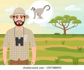 Happy man in cork hat, animal hunter thinks about lemur, safari landscape, umbrella acacia, African countryside, vector illustration