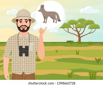 Happy man in cork hat, animal hunter thinks of African fox, landscape safari, acacia umbrella, African countryside, vector illustration