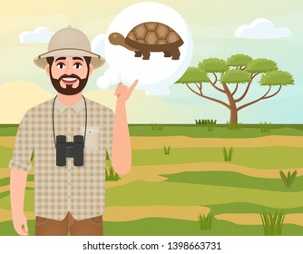 Happy man in a cork hat, animal hunter thinks about a turtle, landscape safari, acacia umbrella, African countryside, vector illustration