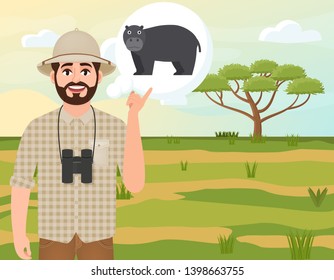 Happy man in cork hat, animal hunter thinks about hippo, landscape safari, acacia umbrella, African countryside, vector illustration