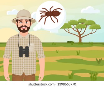 Happy man in cork hat, animal hunter thinks about spider, safari landscape, acacia umbrella, african countryside, vector illustration