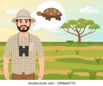 Happy man in a cork hat, animal hunter thinks about a turtle, landscape safari, acacia umbrella, African countryside, vector illustration