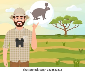 Happy man in cork hat, animal hunter thinks about African savannah hare, safari landscape, acacia umbrella, African countryside, vector illustration