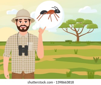 Happy man in a cork hat, animal hunter thinks about an ant, safari landscape, acacia umbrella, African countryside, vector illustration