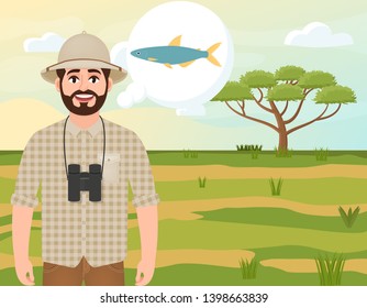 Happy man in cork hat, animal hunter thinks about alestes fish, landscape safari, acacia umbrella, african countryside, vector illustration
