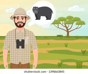 Happy man in cork hat, animal hunter thinks about hippo, landscape safari, acacia umbrella, African countryside, vector illustration