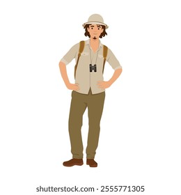 Happy man in cork hat, animal hunter. Flat vector illustration isolated on white background