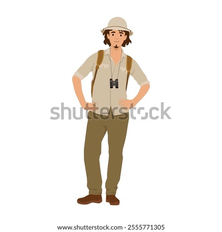 Happy man in cork hat, animal hunter. Flat vector illustration isolated on white background