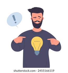 Happy man with creative idea pointing at light bulb on tee shirt vector illustration