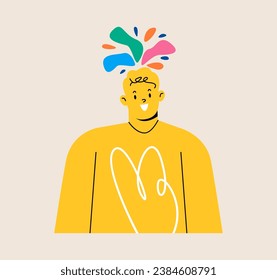 Happy man with a creative thoughts over his head. The concept of mental health. Colorful vector illustration
