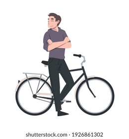 Happy Man with Crossed Arms Standing Near Bicycle Enjoying Vacation or Weekend Activity Vector Illustration