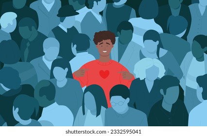 Happy man in crowd vector illustration. Cartoon isolated only one guy with satisfied face among faceless sad people of city, unique talent male character standing among gathering group in shadow