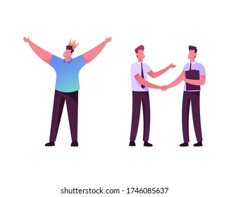 Feliz hombre en la corona en la cabeza, regocijo con las manos arriba. Personajes de negocios que dan la mano aislados en fondo blanco. Victoria De Líder Exitosa, Reunión De Negocios. Ilustración de vectores de personas de caricatura