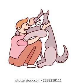 Happy man cuddling his big dog flat vector illustration