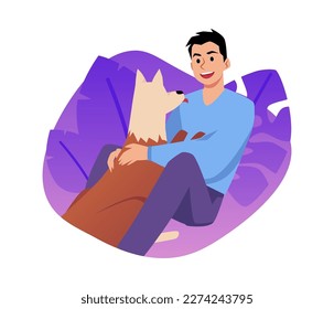 Happy man cuddling his emotional support dog, flat vector illustration isolated on white background. Person hugging cute dog. Pet owning concept.