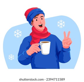 Happy man with a cup of hot drink in the winter