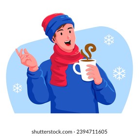 Happy man with a cup of hot drink in the winter