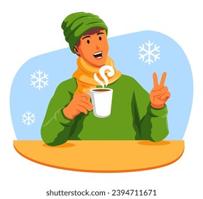 Happy man with a cup of hot drink in the winter