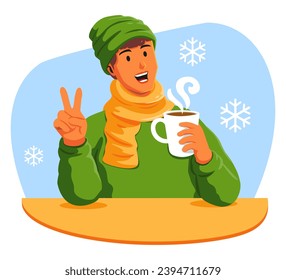 Happy man with a cup of hot drink in the winter