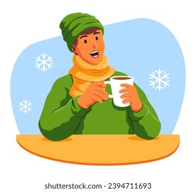 Happy man with a cup of hot drink in the winter