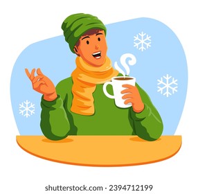 Happy man with a cup of hot drink in the winter