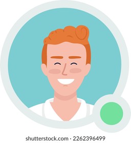 Happy man with curly red hair flat vector avatar icon with green dot. Editable default persona for UX, UI design. Profile character picture with online status indicator. Color messaging app user badge