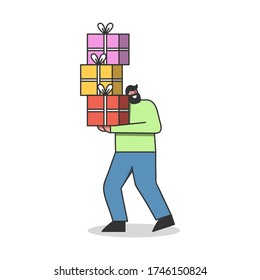 Happy man customer holding heap of gift boxes. Shopping discounts, holiday sale and retail concept. Cartoon male buyer happy with presents purchase. Flat vector illustration