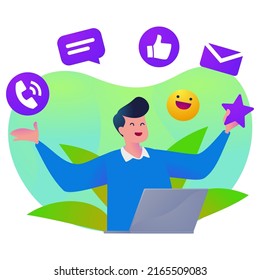 Happy man with customer service social media omnichannel. Customer relationship management with omnichannel. CRM service for customer helpdesk.