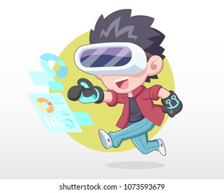 Happy man in cute style wearing VR headset with exciting expression 