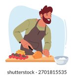 Happy man cutting vegetables for salad while cooking dinner at home kitchen scene. Male cartoon character experiencing healthy eating, domestic life and culinary enjoyment vector illustration