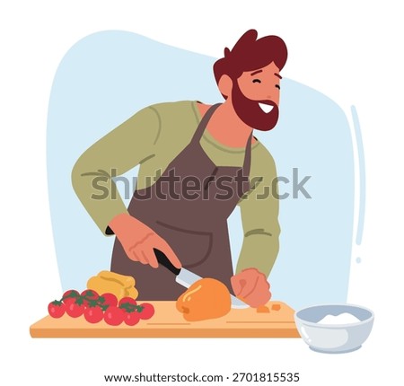 Happy man cutting vegetables for salad while cooking dinner at home kitchen scene. Male cartoon character experiencing healthy eating, domestic life and culinary enjoyment vector illustration
