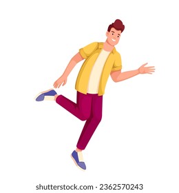 Happy man dancer dancing with jumps vector illustration. Cartoon isolated excited male dancer character jumping to energetic music to enjoy fun dynamic dance with delight and joy, guy smiling