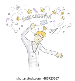 Happy man dancing. Man dancing icon. Successful man having fun and dancing. Man rejoices, celebrates his victory, success, winner. Successful banner. Line art. Isolated object on white background.