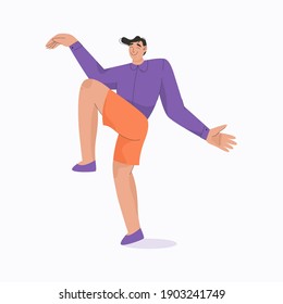 Happy man dancing isolated on white background. Smiling young guy having fun at night club floor, music festival or party. Vector character illustration of training male dancer, hobby or profession