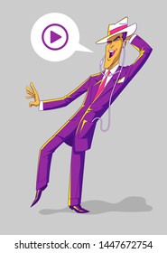 Happy man dancing and listening to music on his cell phone. This colorful vector character has a modern design. You can easily edit his colors or the bubble. 