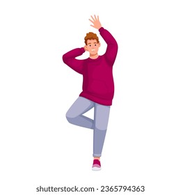 Happy man dancing trendy dance to music vector illustration. Cartoon isolated male hipster in casual clothes standing on one leg in funny dance move, male student character with arm raised up