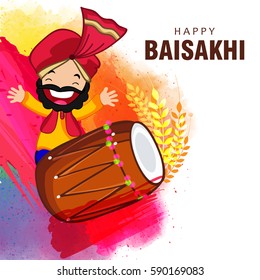 Happy Man dancing Vector Illustration based on grungy colorful background with Dhol or Dholak and Grains on the celebration of Punjabi festival Baisakhi or Vaisakhi.