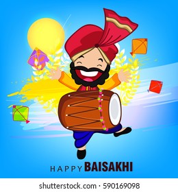 Happy Man dancing Vector Illustration, on celebration background with Kites, Grains etc. on the occasion of Baisakhi.