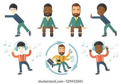 Happy man dancing while listening to music. Young man listening to music in headphones. Man with eyes closed enjoying music. Set of vector flat design illustrations isolated on white background.