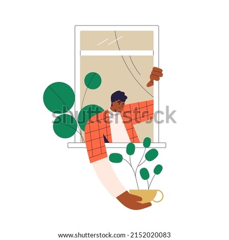 Happy man decorating outside of house with potted leaf plant. Person with houseplant in open window, staying home with foliage decoration. Flat vector illustration isolated on white background