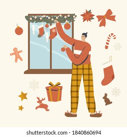 Happy Man Decorating Window mit Weihnachtsdekor mit Hängebälken, Socken und Furnieren für Bäume. Charaktere Vorbereitung für Neujahr und Weihnachtsfeiertage. Lineare Vektorgrafik
