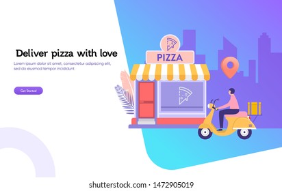 happy man deliver pizza with motorcycle, online food order, fast delivery vector illustration concept, deliveryman ride scooter bike landing page, template, ui, web, mobile app, poster, banner, flyer