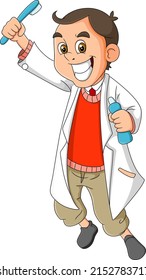The happy man dentist is holding the toothbrush and toothpaste of illustration