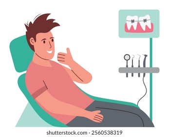 Happy man in the dentist's chair. Vector illustration of a man at a dentist's appointment. Orthodontist appointment, braces installation, happy patient Flat